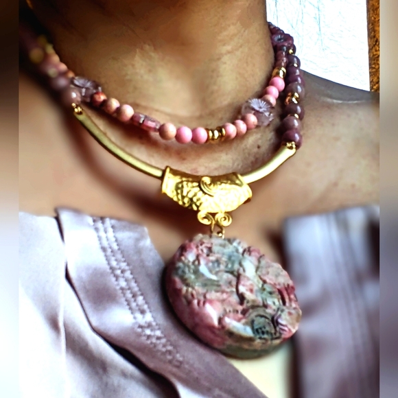 Pink Rhodochrosite Pendant In Two Strand Rhodochrosite & Jasper Bead Necklace - Picture 1 of 9
